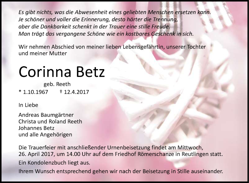  Traueranzeige für Corinna Betz vom 15.04.2017 aus Reutlinger General-Anzeiger