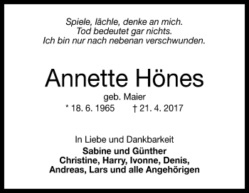 Anzeige von Annette Hönes von Reutlinger General-Anzeiger
