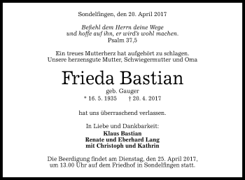 Anzeige von Frieda Bastian von Reutlinger General-Anzeiger