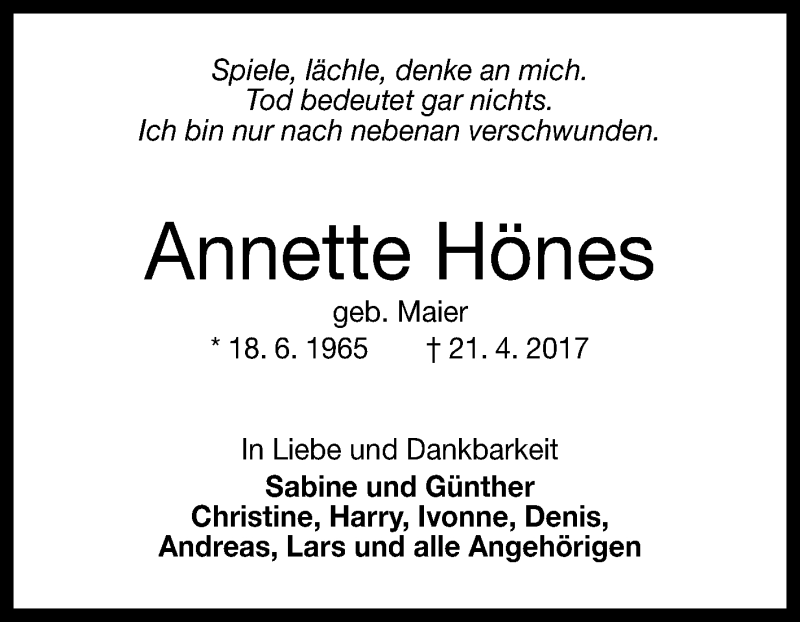  Traueranzeige für Annette Hönes vom 25.04.2017 aus Reutlinger General-Anzeiger