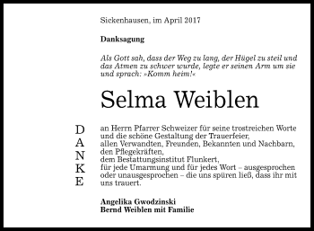 Anzeige von Selma Weiblen von Reutlinger General-Anzeiger