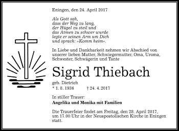 Anzeige von Sigrid Thiebach von Reutlinger General-Anzeiger