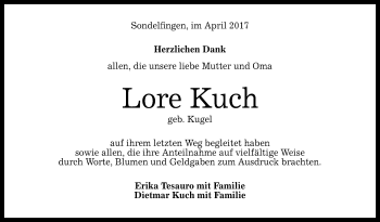 Anzeige von Lore Kuch von Reutlinger General-Anzeiger