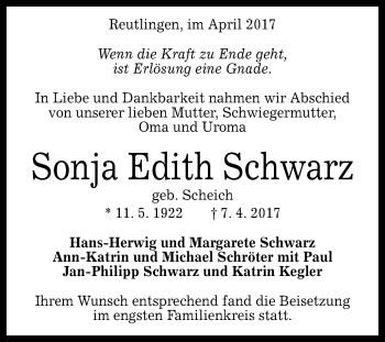Anzeige von Sonja Edith Schwarz von Reutlinger General-Anzeiger