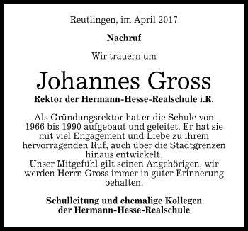Anzeige von Johannes Gross von Reutlinger General-Anzeiger