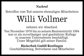 Anzeige von Willi Vollmer von Reutlinger General-Anzeiger