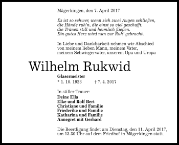 Anzeige von Wilhelm Rukwid von Reutlinger General-Anzeiger