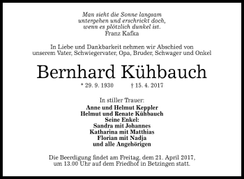 Anzeige von Bernhard Kühbauch von Reutlinger General-Anzeiger