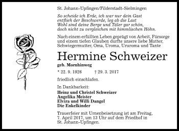 Anzeige von Hermine Schweizer von Reutlinger General-Anzeiger