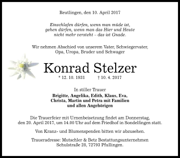 Anzeige von Konrad Stelzer von Reutlinger General-Anzeiger
