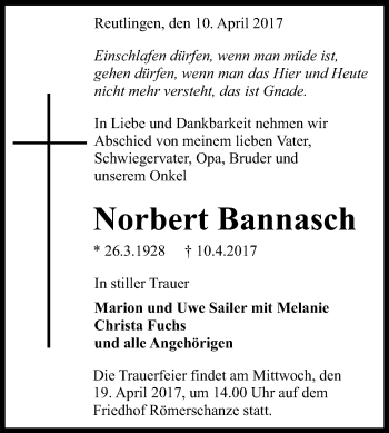 Anzeige von Norbert Bannasch von Reutlinger General-Anzeiger