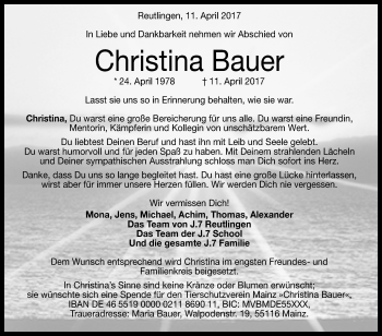 Anzeige von Christina Bauer von Reutlinger General-Anzeiger
