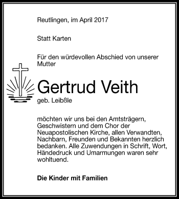 Anzeige von Gertrud Veith von Reutlinger General-Anzeiger
