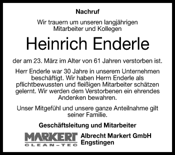 Anzeige von Heinrich Enderle von Reutlinger General-Anzeiger