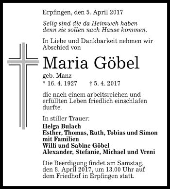 Anzeige von Maria Göbel von Reutlinger General-Anzeiger