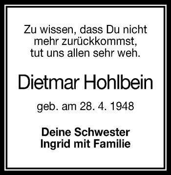 Anzeige von Dietmar Hohlbein von Reutlinger General-Anzeiger