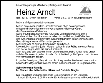 Anzeige von Heinz Arndt von Reutlinger General-Anzeiger