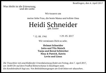 Anzeige von Heidi Schneider von Reutlinger General-Anzeiger