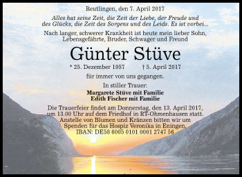 Anzeige von Günter Stüve von Reutlinger General-Anzeiger