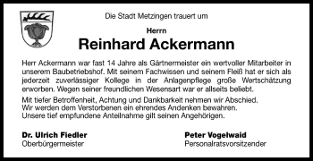 Anzeige von Reinhard Ackermann von Reutlinger General-Anzeiger