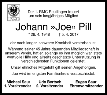 Anzeige von Johann Pill von Reutlinger General-Anzeiger