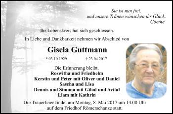 Anzeige von Gisela Guttmann von Reutlinger General-Anzeiger