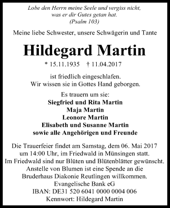 Anzeige von Hildegard Martin von Reutlinger General-Anzeiger