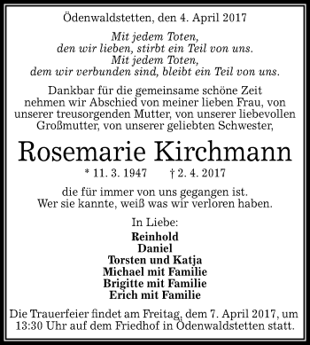 Anzeige von Rosemarie Kirchmann von Reutlinger General-Anzeiger