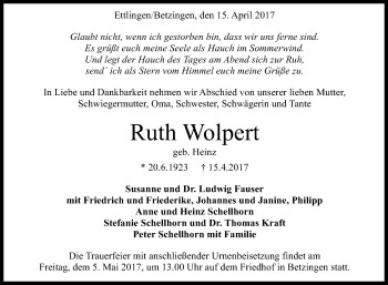 Anzeige von Ruth Wolpert von Reutlinger General-Anzeiger