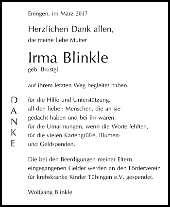 Anzeige von Irma Blinkle von Reutlinger General-Anzeiger