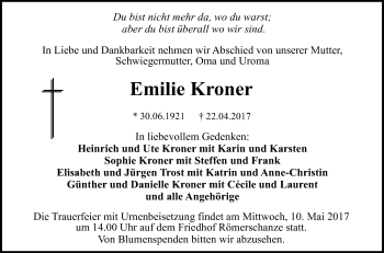 Anzeige von Emilie Kroner von Reutlinger General-Anzeiger