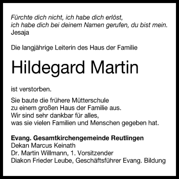 Anzeige von Hildegard Martin von Reutlinger General-Anzeiger