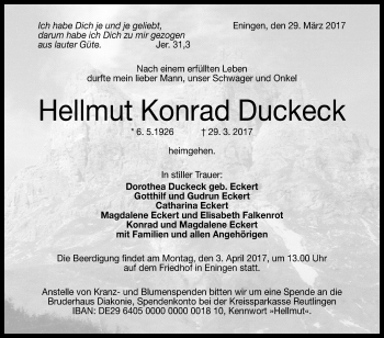 Anzeige von Hellmut Konrad Duckeck von Reutlinger General-Anzeiger
