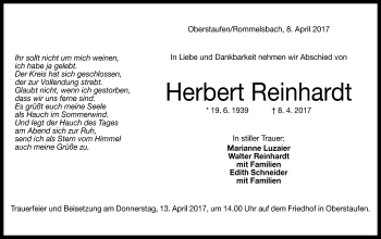 Anzeige von Herbert Reinhardt von Reutlinger General-Anzeiger