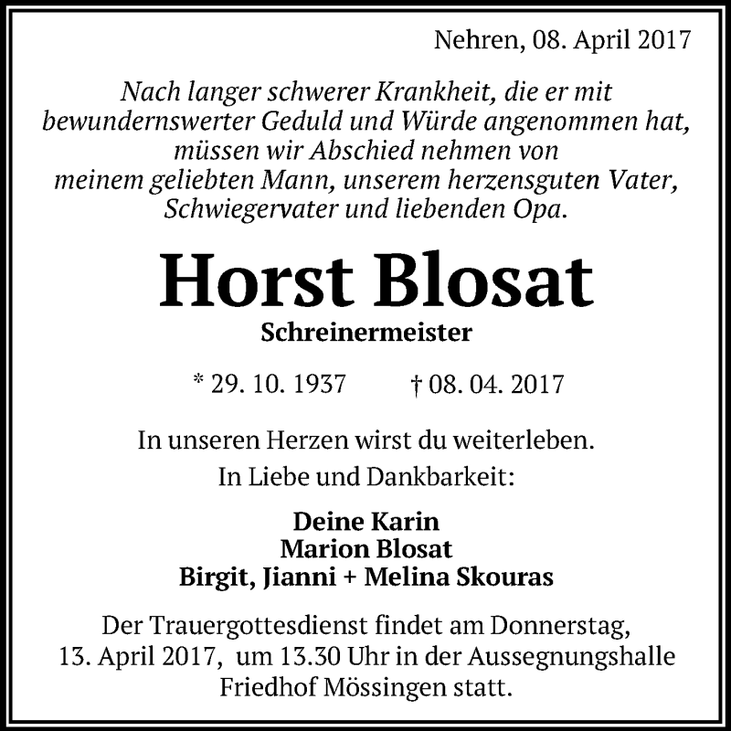  Traueranzeige für Horst Blosat vom 11.04.2017 aus Reutlinger General-Anzeiger