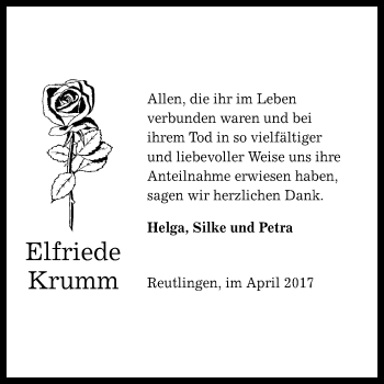 Anzeige von Elfriede Krumm von Reutlinger General-Anzeiger
