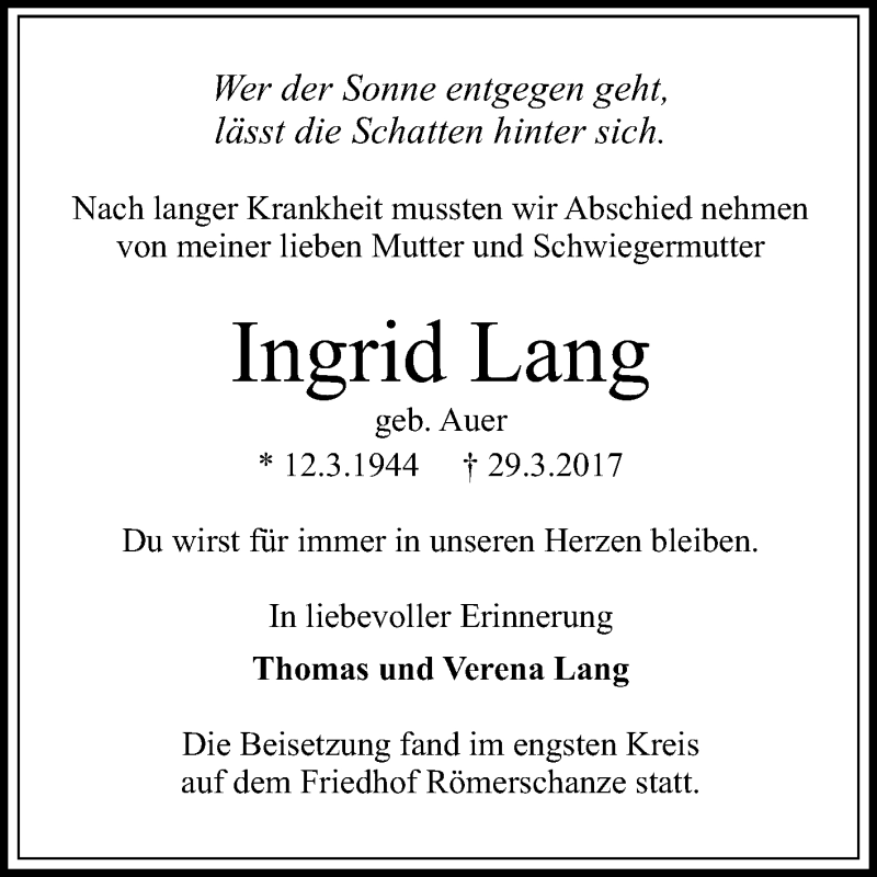  Traueranzeige für Ingrid Lang vom 07.04.2017 aus Reutlinger General-Anzeiger