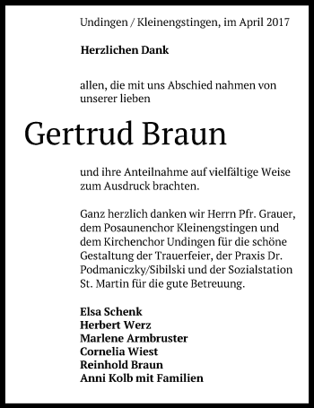 Anzeige von Gertrud Braun von Reutlinger General-Anzeiger