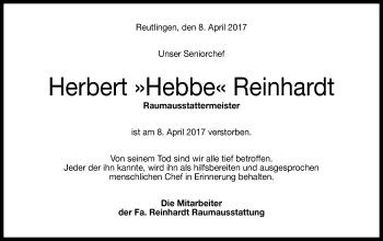 Anzeige von Herbert Hebbe Reinhardt von Reutlinger General-Anzeiger