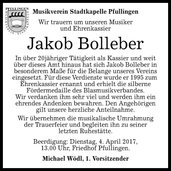 Anzeige von Jakob Bolleber von Reutlinger General-Anzeiger