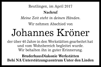 Anzeige von Johannes Kröner von Reutlinger General-Anzeiger