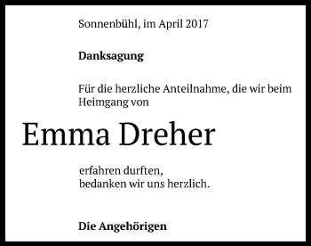 Anzeige von Emma Dreher von Reutlinger General-Anzeiger