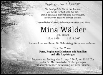 Anzeige von Mina Wälder von Reutlinger General-Anzeiger