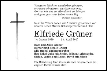 Anzeige von Elfriede Grüner von Reutlinger General-Anzeiger