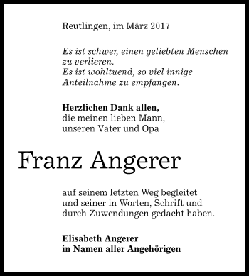 Anzeige von Franz Angerer von Reutlinger General-Anzeiger