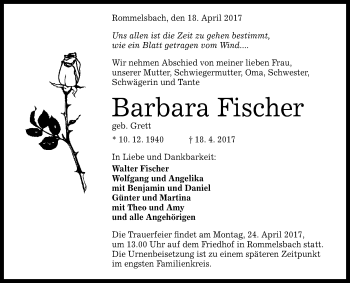 Anzeige von Barbara Fischer von Reutlinger General-Anzeiger