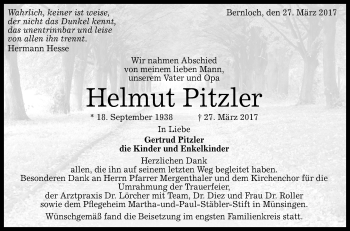 Anzeige von Helmut Pitzler von Reutlinger General-Anzeiger