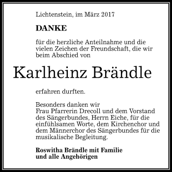 Anzeige von Karlheinz Brändle von Reutlinger General-Anzeiger