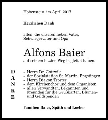 Anzeige von Alfons Baier von Reutlinger General-Anzeiger