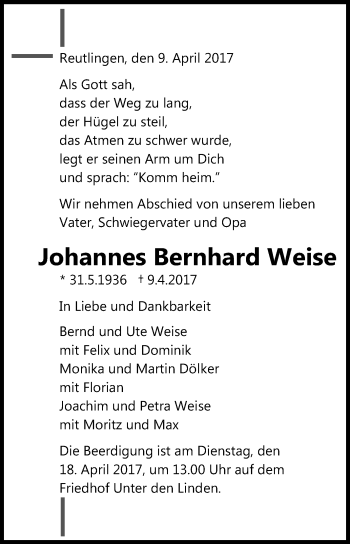 Anzeige von Johannes Bernhard Weise von Reutlinger General-Anzeiger